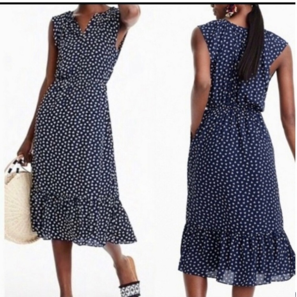•J. Crew Mercantile Navy Blue & White Dragonfly Print Preppy XS Midi Dress #IR